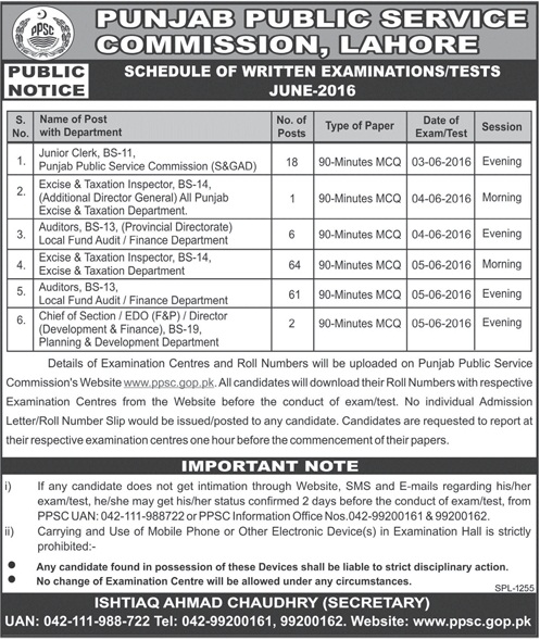 PPSC Schedule of Written Examinations/ Tests of Junior Clerk, Excise & Taxation Inspectors, Auditors and EDO/ Director (Development & Finance)