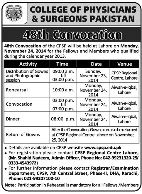 College of Physicians & Surgeons Pakistan (CPSP) Schedules its 48th Convocation