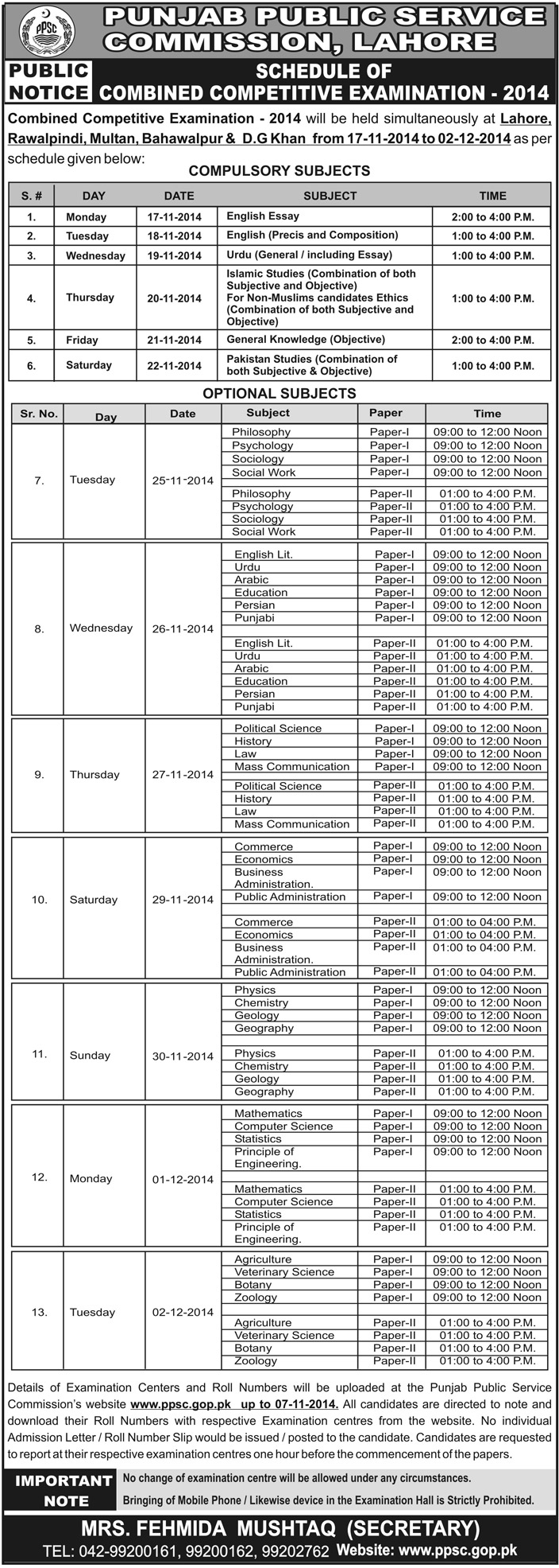 PPSC announced New Data Sheet of PMS Exam 2014 (Combined Competitive Examination) 