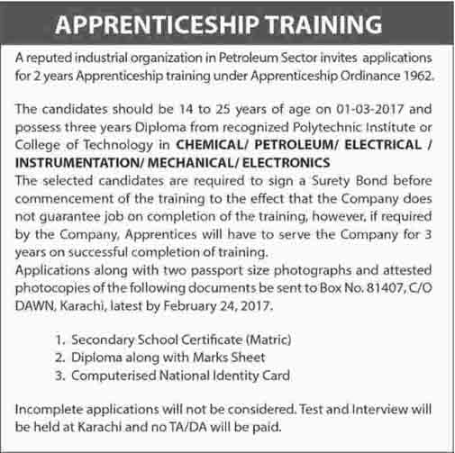 Apprenticeship Training Offer for Chemical/ Petroleum/ Electrical / Instrumentation/ Mechanical/ Electronics Diploma Holders