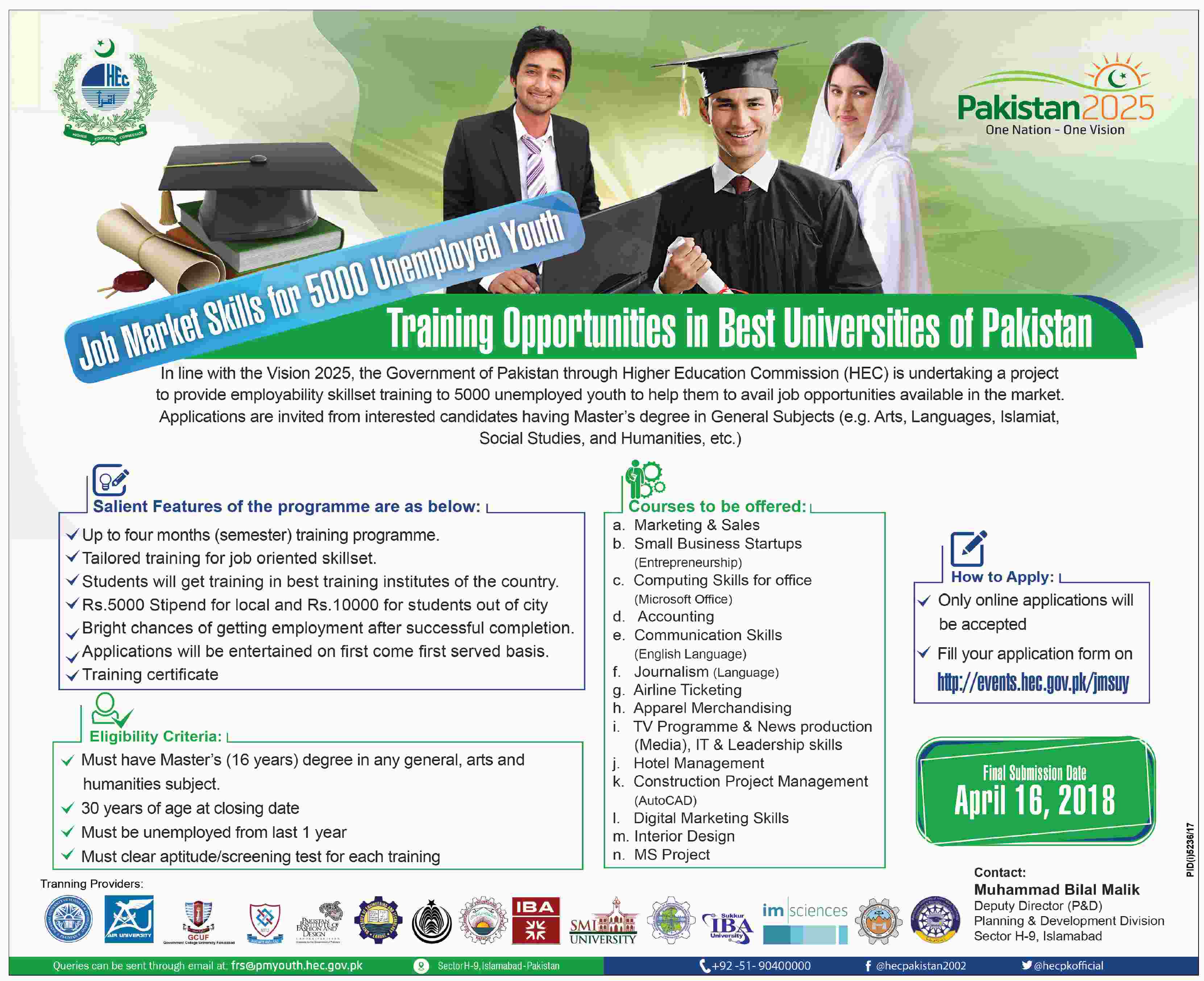 Stipend Training Opportunities in Best Universities of Pakistan for Unemployed Youth
