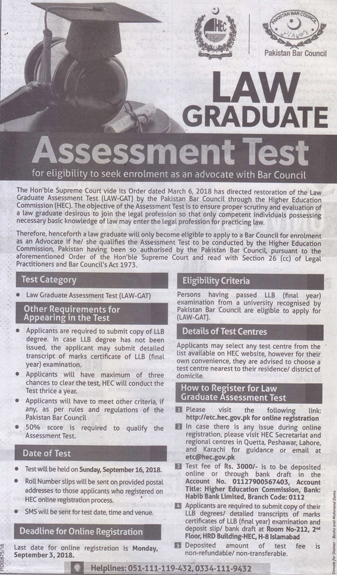 Law Graduate Assessment Test  (Law-GAT) for Enrollment as an Advocate with Bar Council