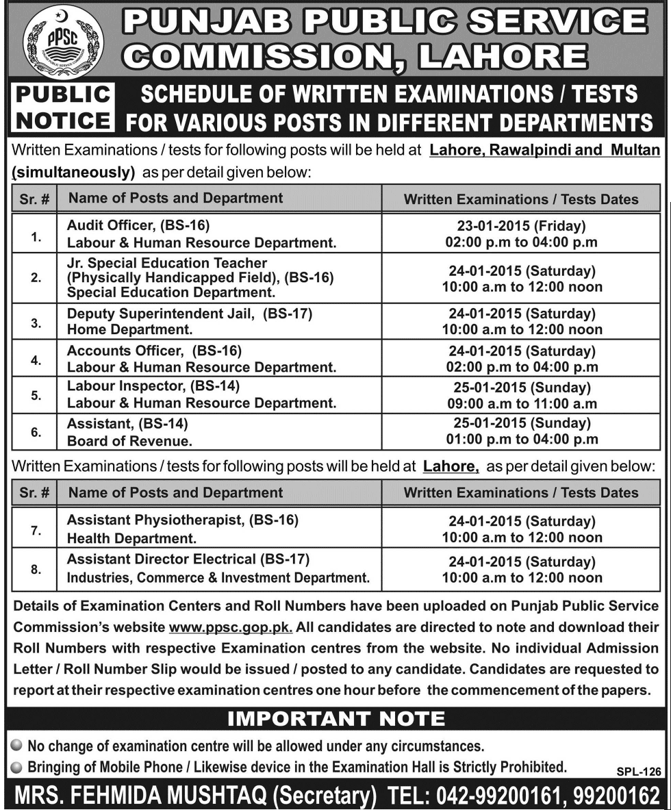 Schedule of Written Examinations / Tests for the posts in LHR, Spl Education, Home, BOR, Health, IC&I Departments
