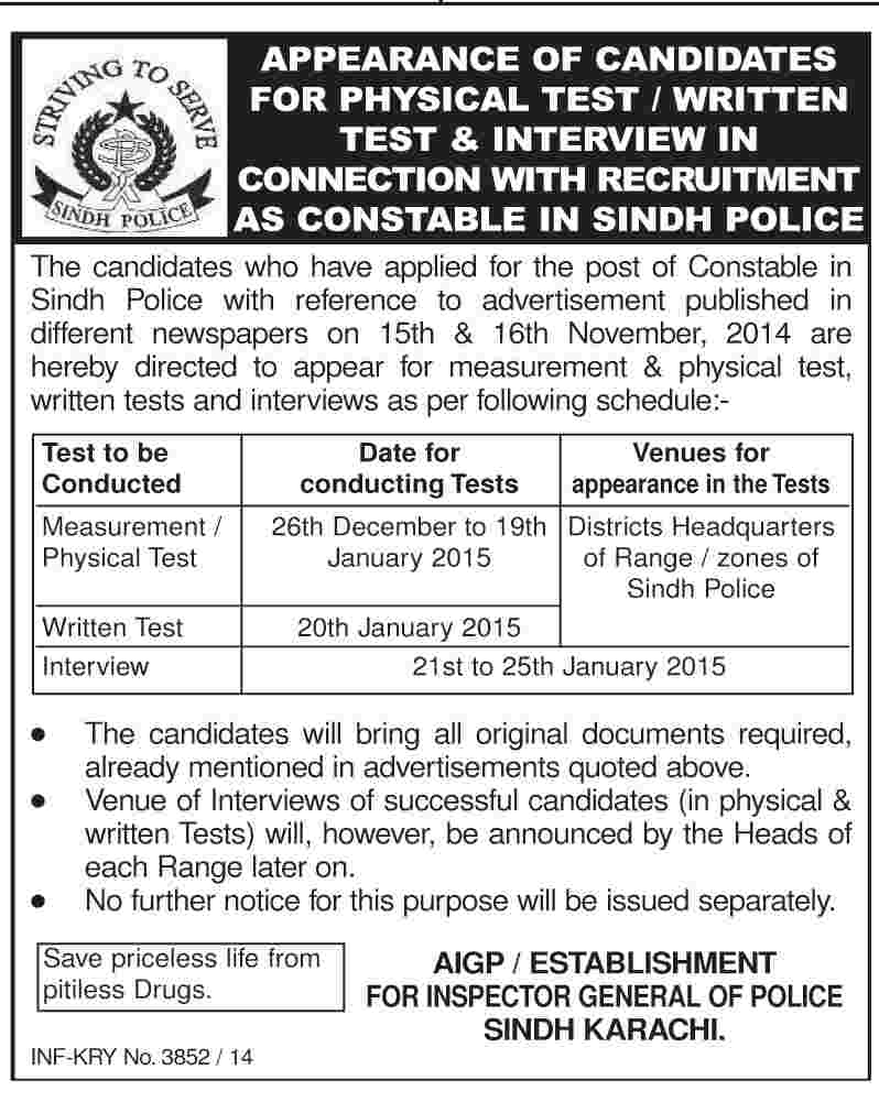 Physical Test / Written Test & Interview in Connection with Recruitment as Constable In Sindh Police