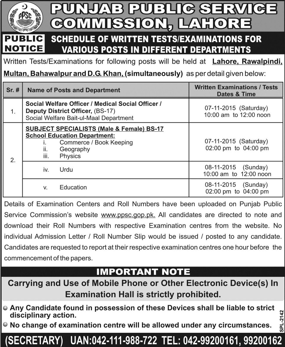 Schedule of Written Tests/ Examinations For Social Welfare Officer / Medical Social Officer / Deputy District Officer And Subject Specialists Posts