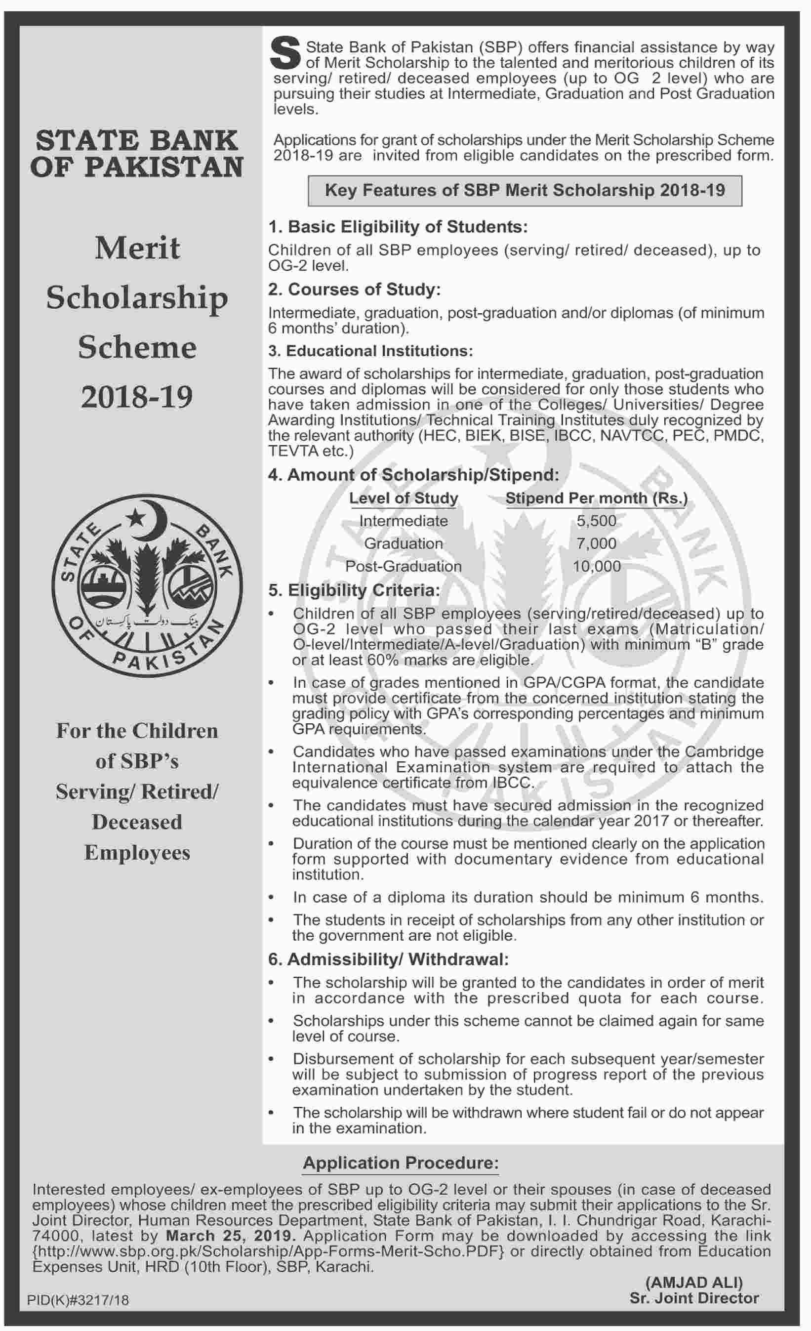 Merit Scholarship Scheme 2018-19 to the Talented Students - State Bank of Pakistan