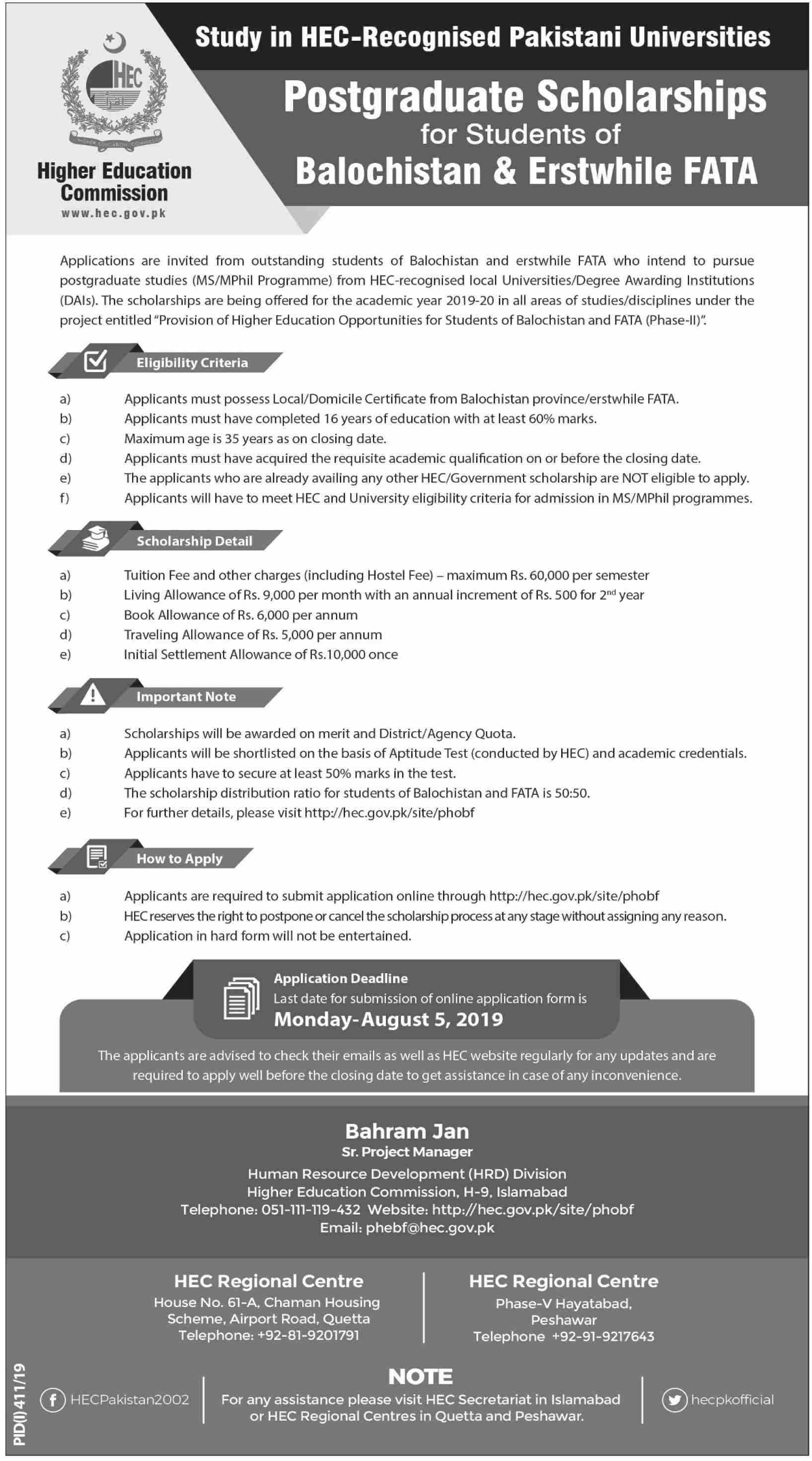 HEC Postgraduate Scholarships for Students of Balochistan & Erstwhile FATA