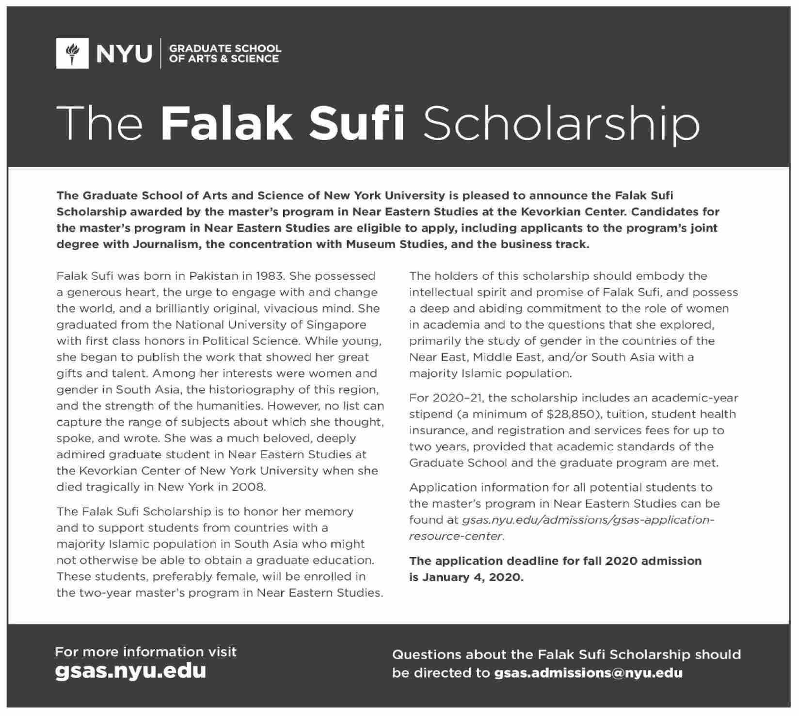 The Falak Sufi Scholarship at NYU Graduate School Of Arts & Science (Master's Program)