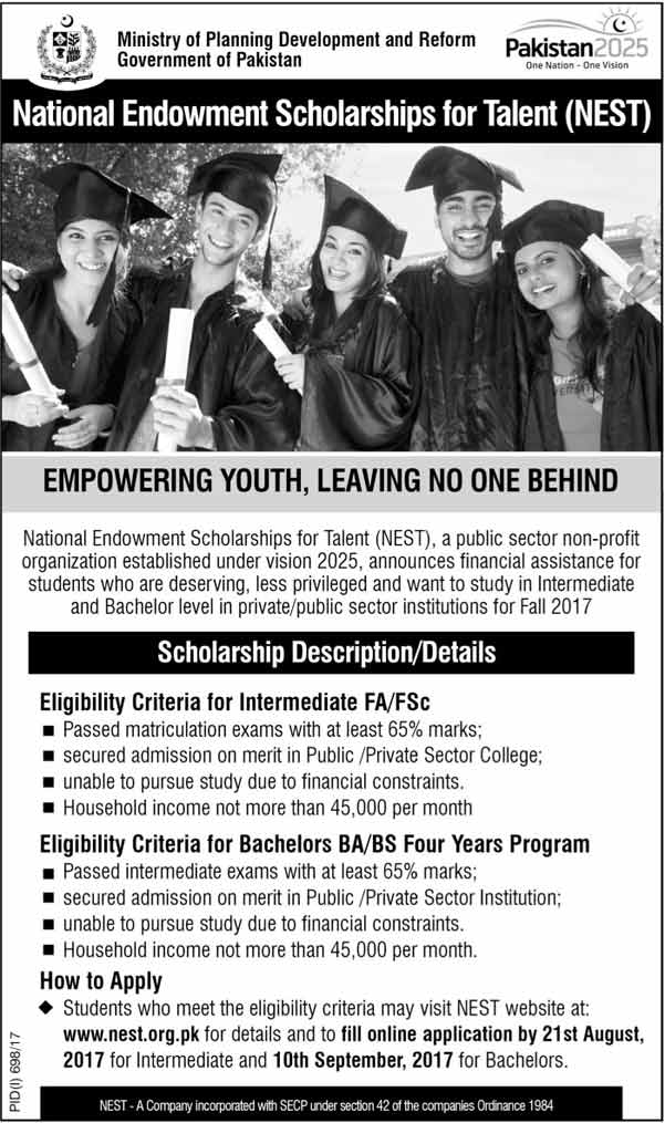 National Endowment Scholarships for Talent  (NEST)  - FA/FSc Bachelors BA/BS Programs