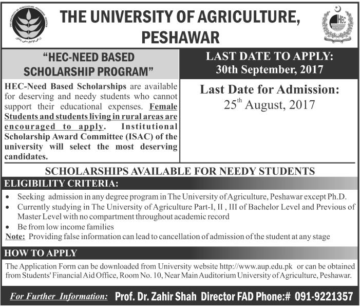 HEC Need Based Scholarship for Degree Programs in The University of Agriculture Peshawar Except PhD