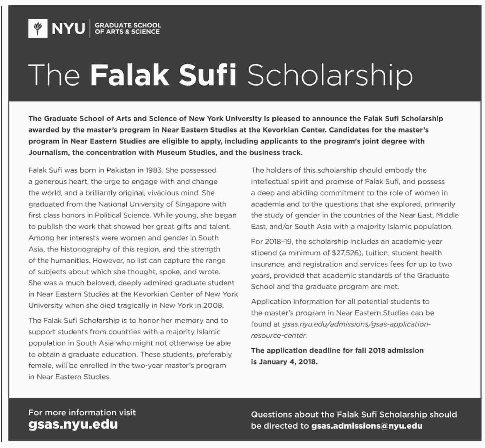 Falak Sufi Scholarship -  Graduate School of Arts and Science of New York University