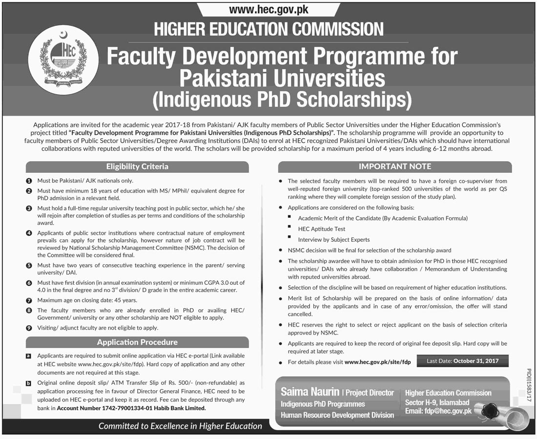 Faculty Development Program for Pakistani Universities (Indigenous PhD Scholarships)