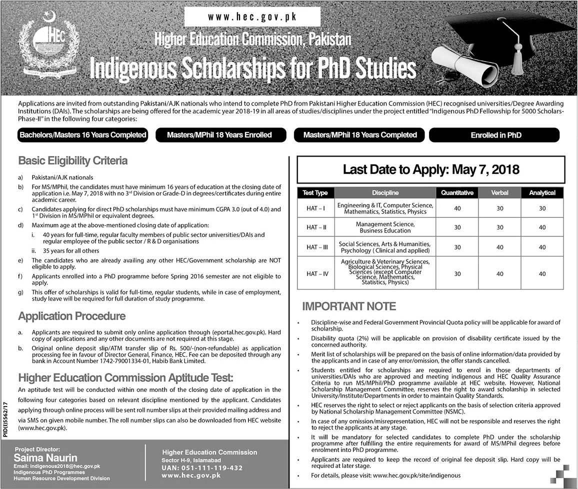 Higher Education Commission, Pakistan Indigenous Scholarships for PhD Studies