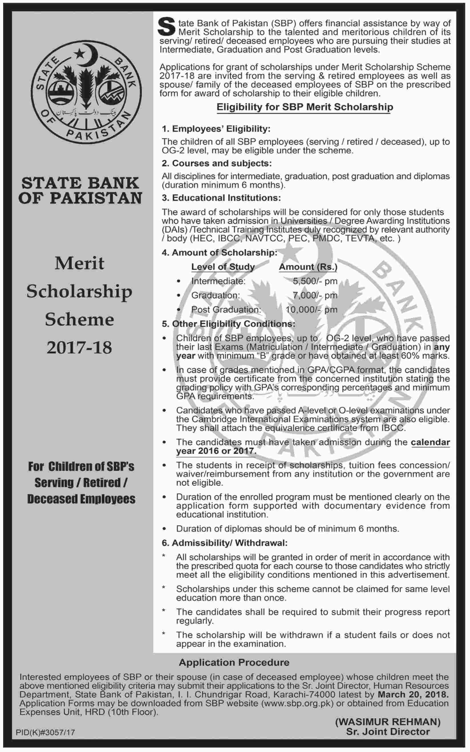 State Bank of Pakistan Merit Scholarship Scheme 2017-18