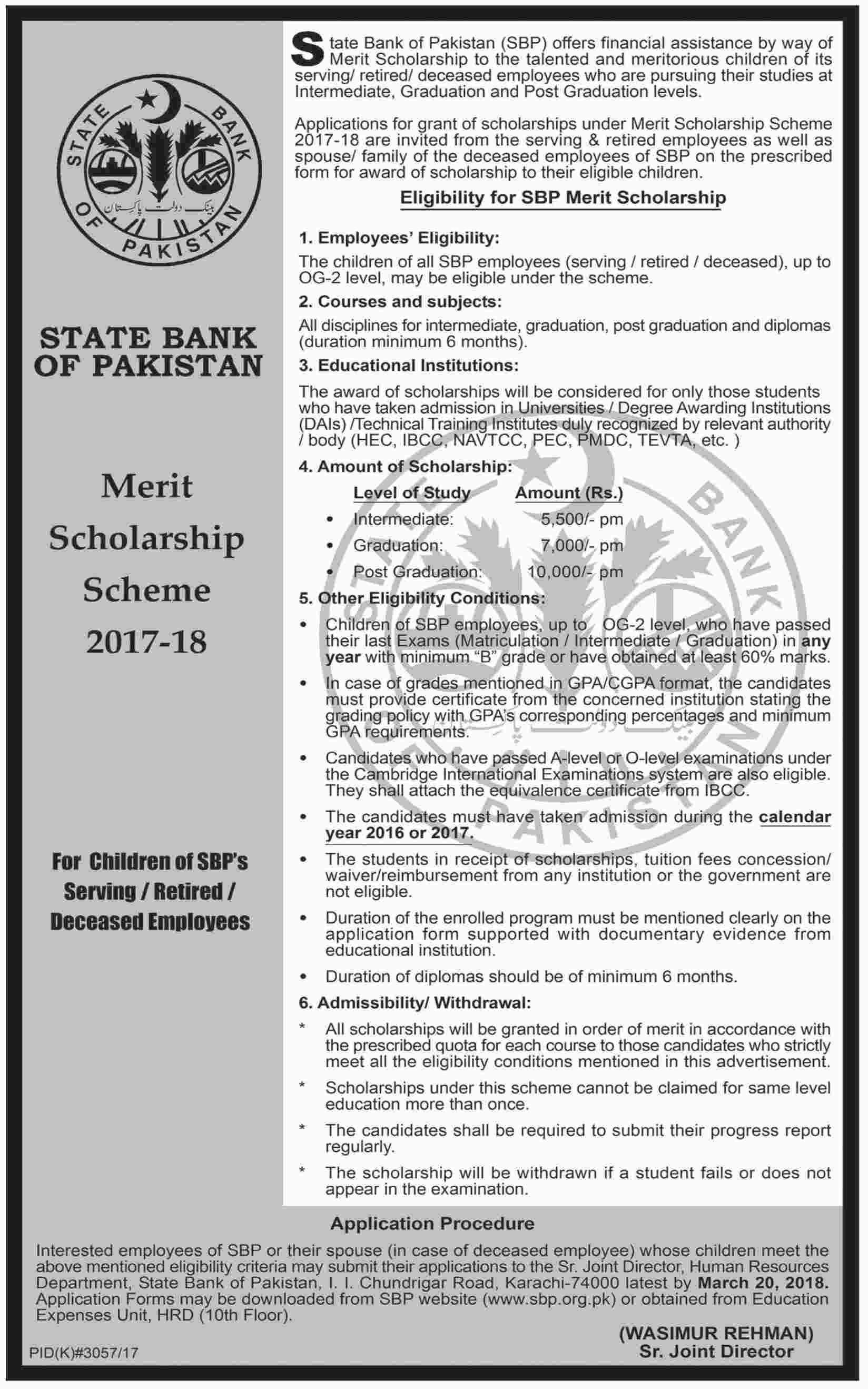 State Bank of Pakistan Merit Scholarship Scheme 2017-18