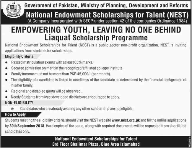 NEST Scholarship Programme for Needy Students after Matriculation Education