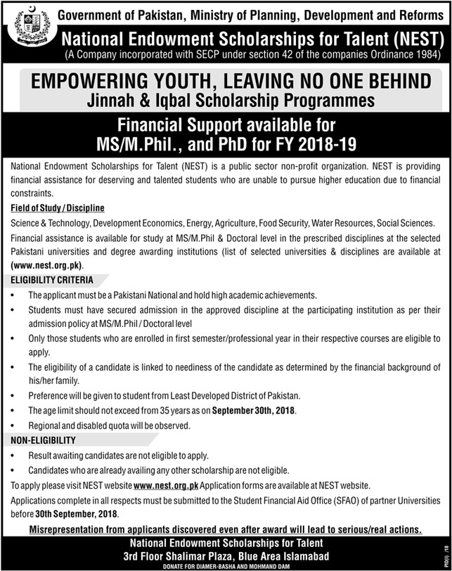 NEST Scholarship Programme (Financial Support) for MS/ MPhil and PhD - FY 2018-19
