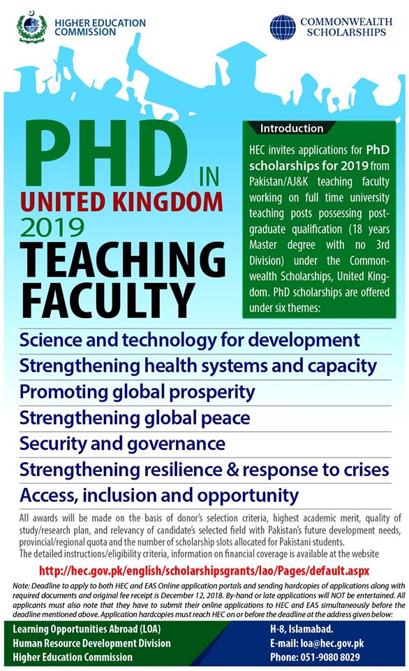 Commonwealth Scholarships  for PhD in United Kingdom 2019