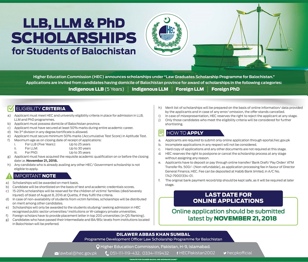 HEC Announces Scholarships under Law Graduates Scholarships Programme for Study Abroad - 2018