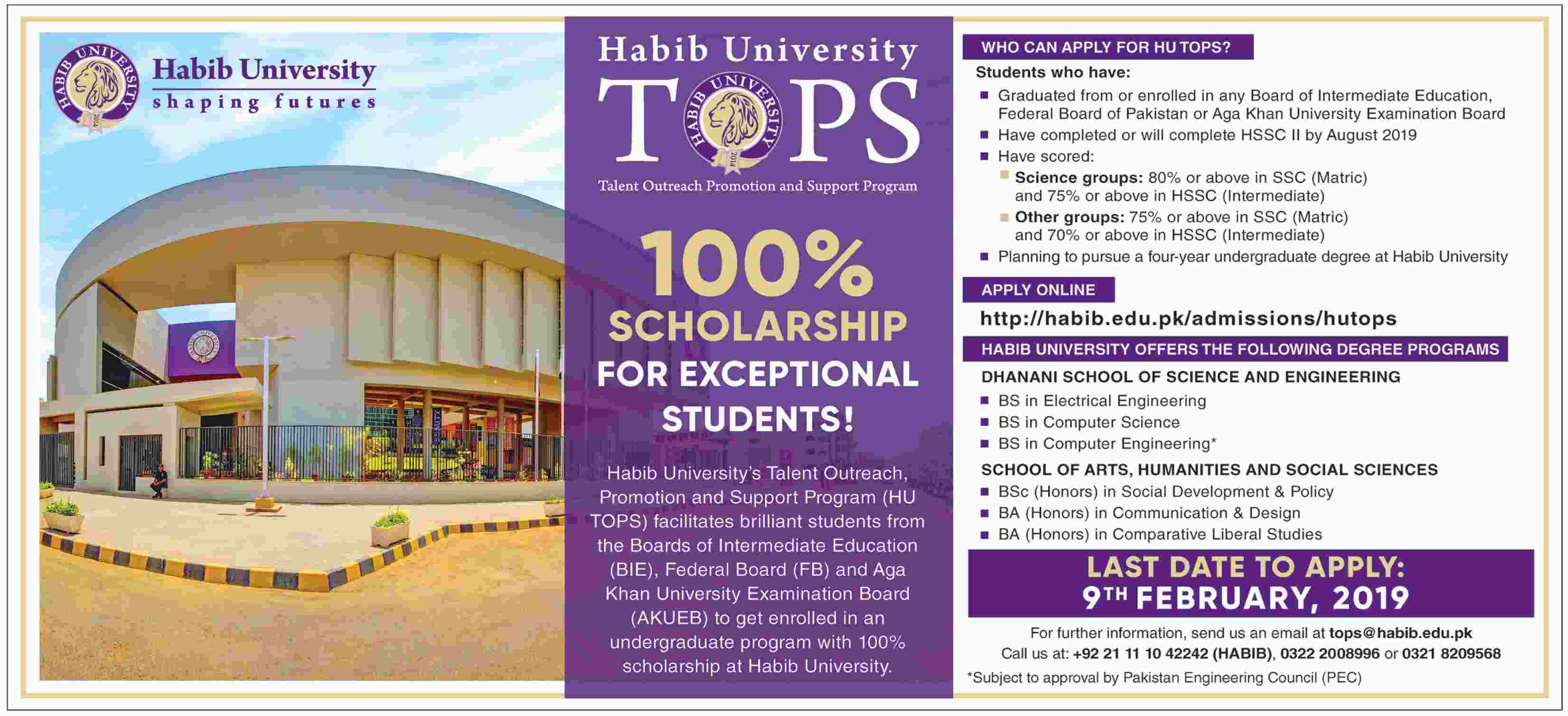 100% Scholarship for Exceptional Students - Habib University's Talent Outreach, Promotion and Support Program