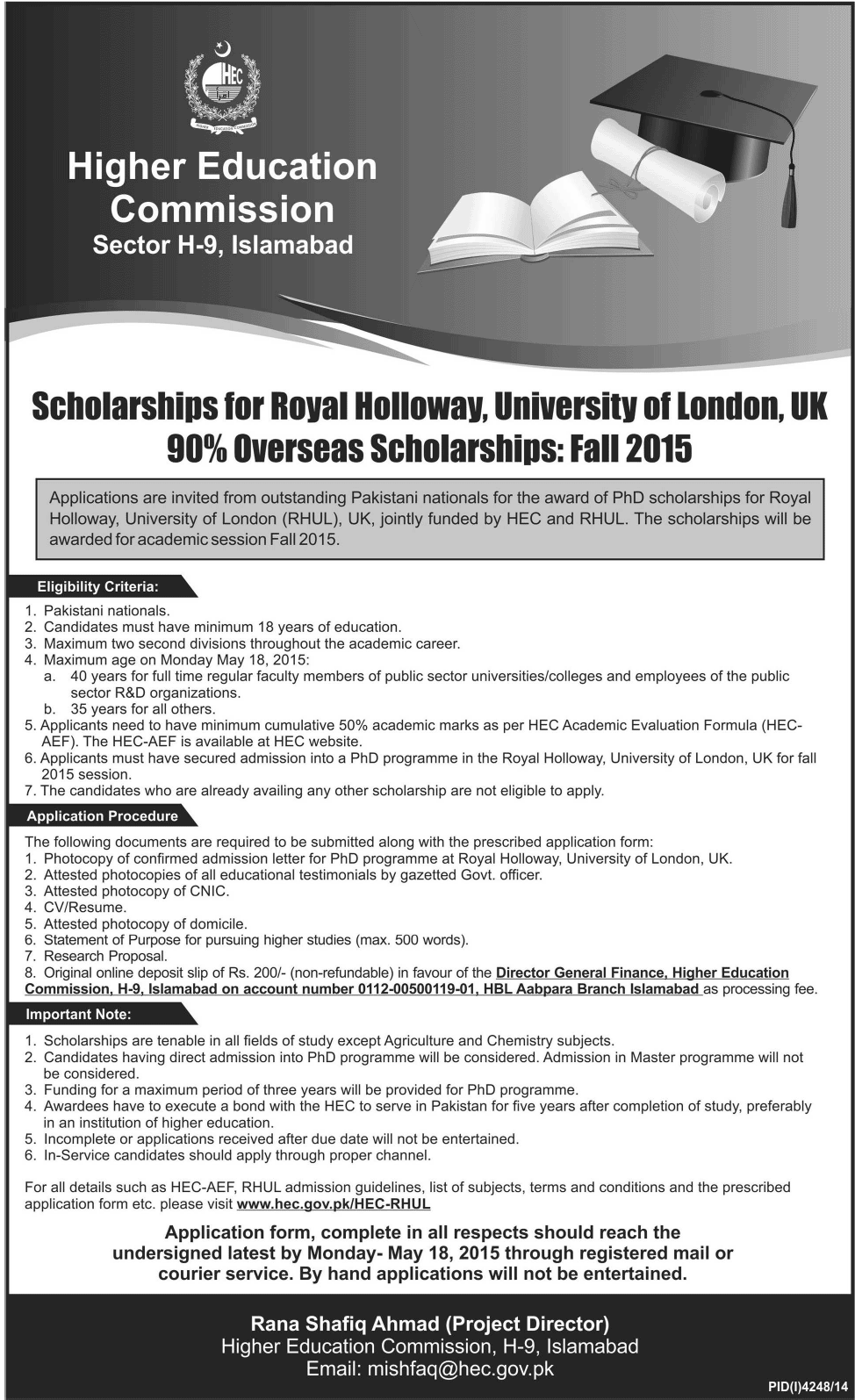 Scholarships for Royal Holloway, University of London, UK 90% Overseas Scholarships - Fall 2015 ( Pakistani Nationals)