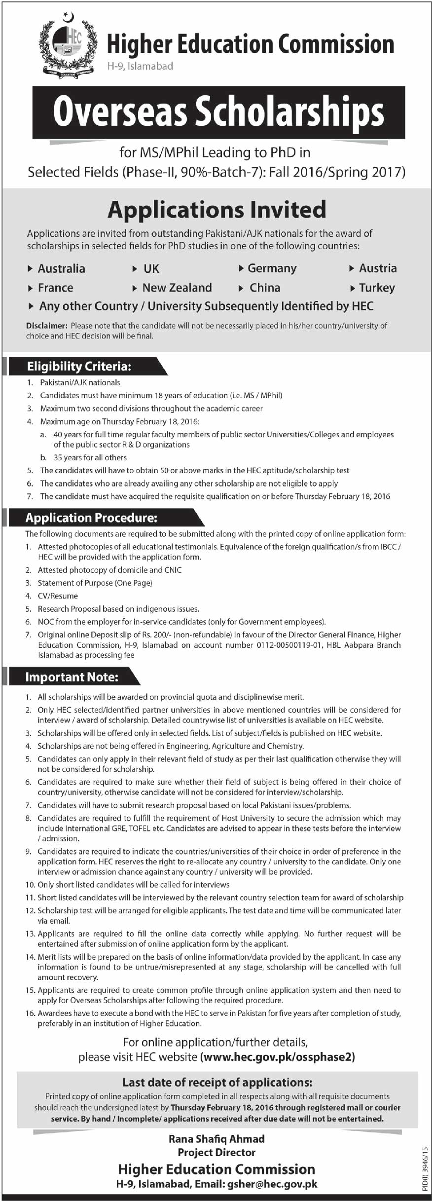 Overseas Scholarships for MS/MPhil Leading to PhD Fall 2016/Spring 2017 - HEC