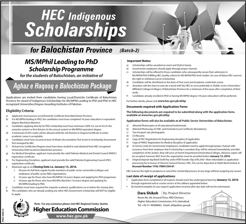 HEC Indigenous Scholarships for Balochistan Province (Batch-2) - PhD Programme