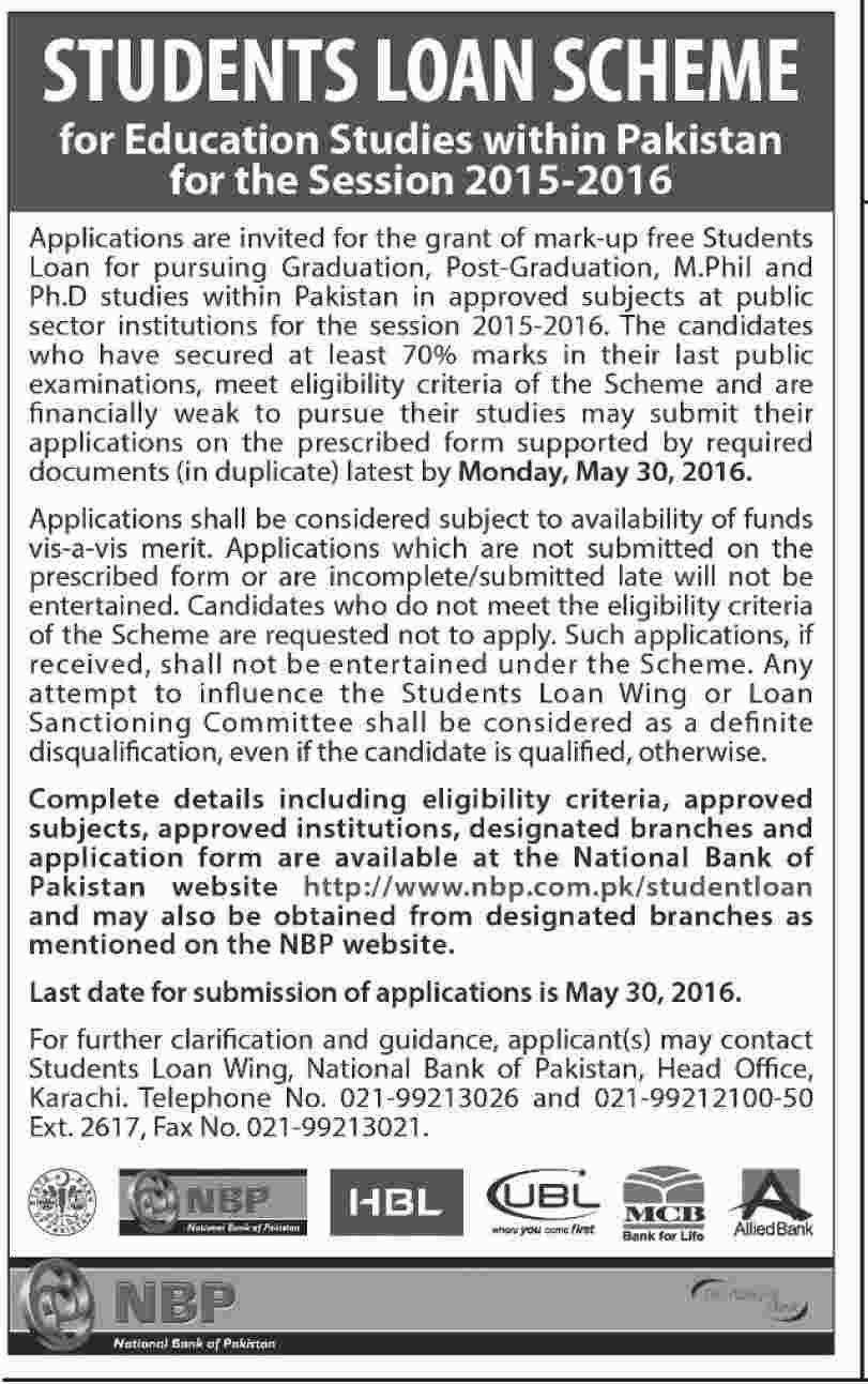 Students Loan Scheme for Education Studies within Pakistan for the Session 2015-2016