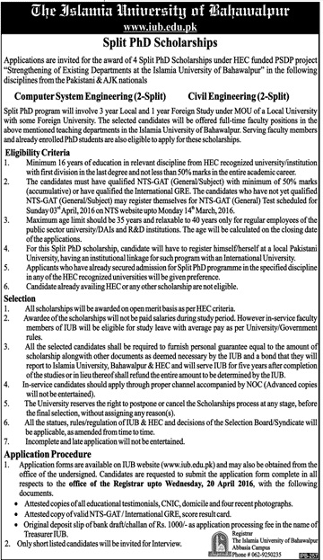 PhD Scholarships under HEC funded PSDP project (Strengthening of Existing Departments at the Islamia University of Bahawalpur)