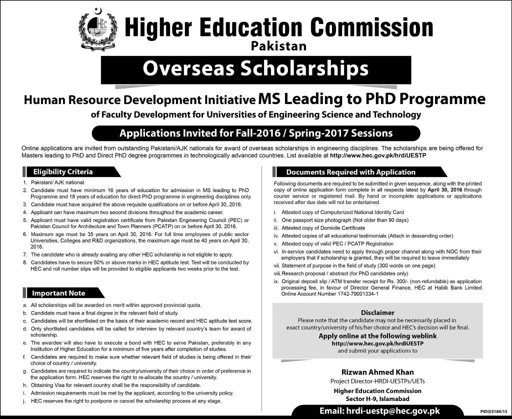 Overseas Scholarships, Human Resource Development Initiative MS Leading to PhD Programme 