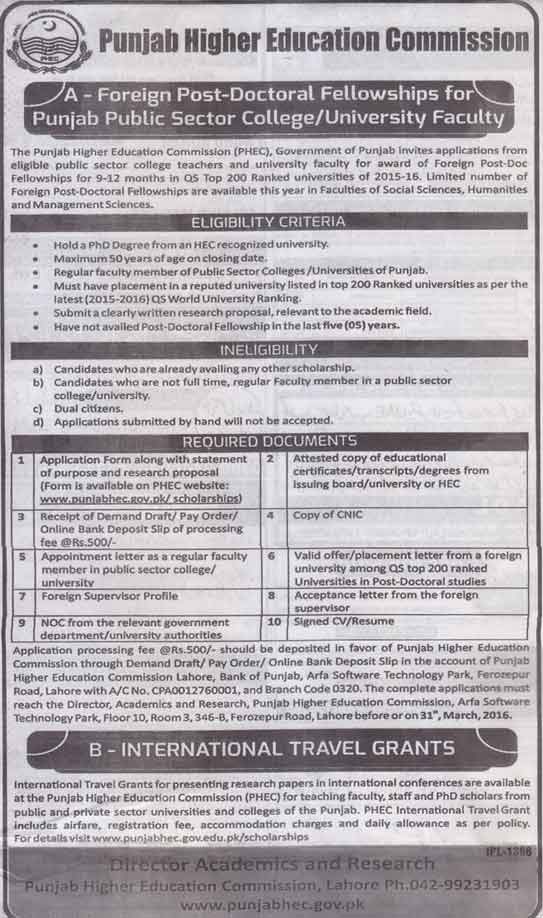 Foreign Post-Doctoral Fellowships for Punjab Public Sector College/ University Faculty