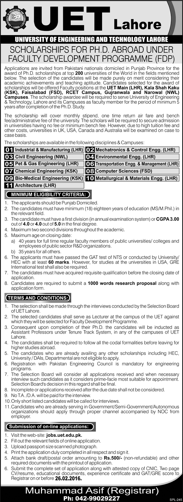 Scholarships for PhD Abroad under Faculty Development Programme (FDP) - UET Lahore