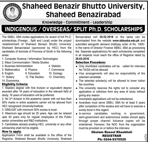 Indigenous / Overseas / Split PhD Scholarships - Shaheed Benazir Bhutto University