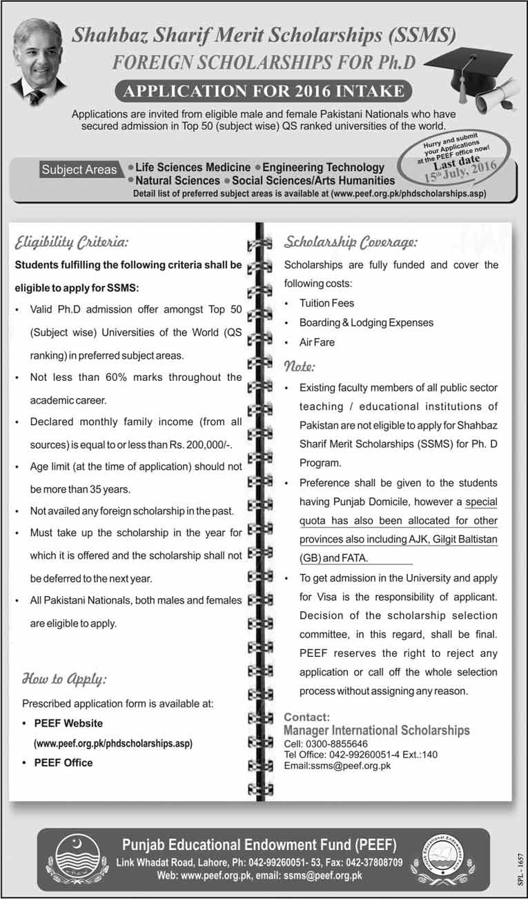Shahbaz Sharif Merit Scholarships (SSMS) Foreign Scholarships for PhD - 2016 Intake