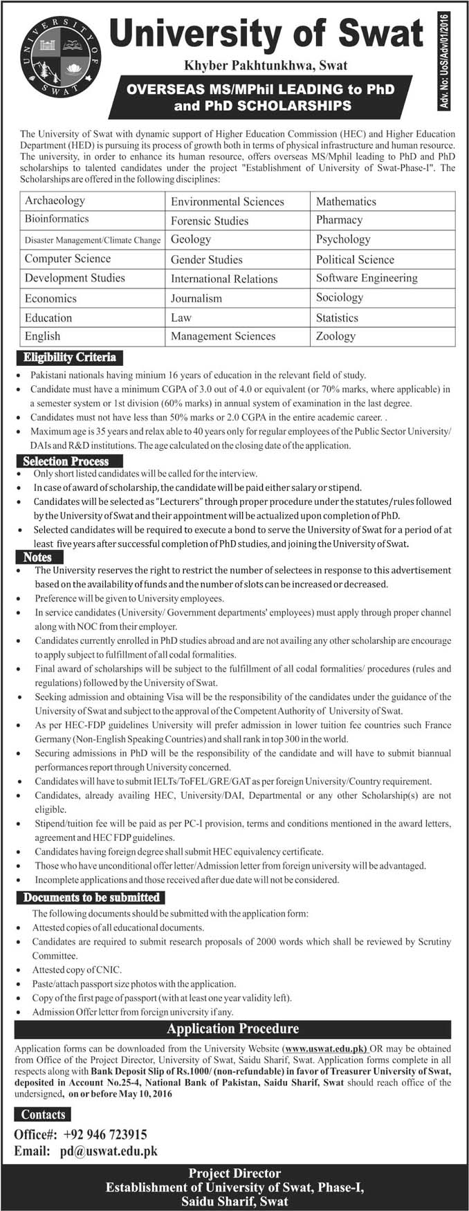 Overseas MS/MPhil Leading to Phd and PhD Scholarships, University of Swat