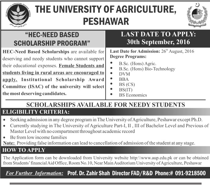 HEC-Need Based Scholarship Programs - University of Agriculture, Peshawar