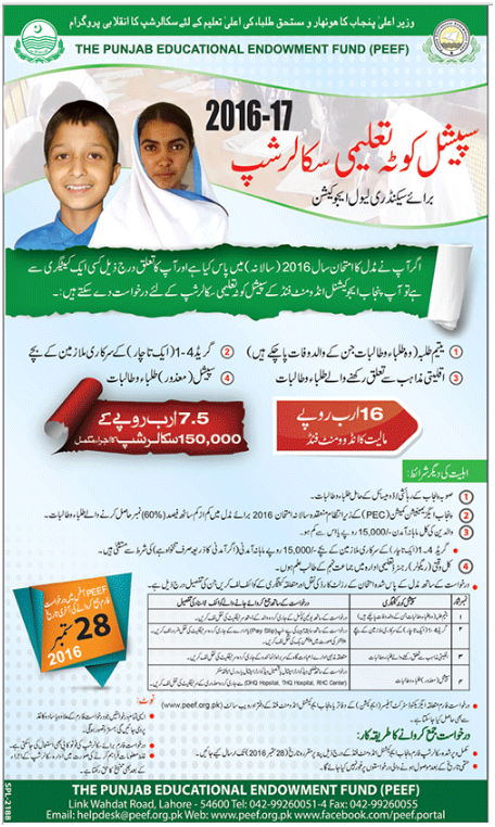 Punjab Educational Endowment Fund (PEEF) Special Quota Scholarship for Secondary Level Education
