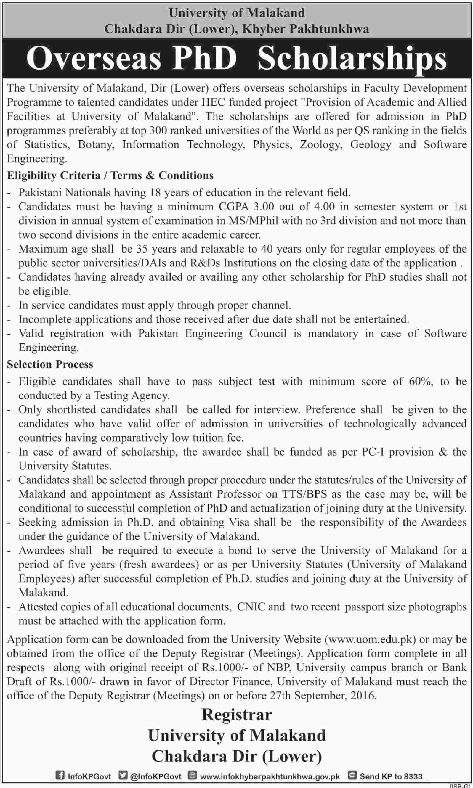 Overseas PhD Scholarships under HEC Funded Project "Provision of Academic and Allied Facilities at University of Malakand"