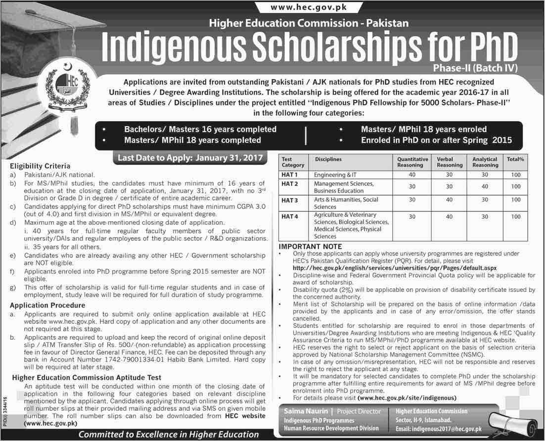 Higher Education Commission (HEC) Pakistan Indigenous Scholarships for PhD (Phase-II) - Academic Year 2016-17