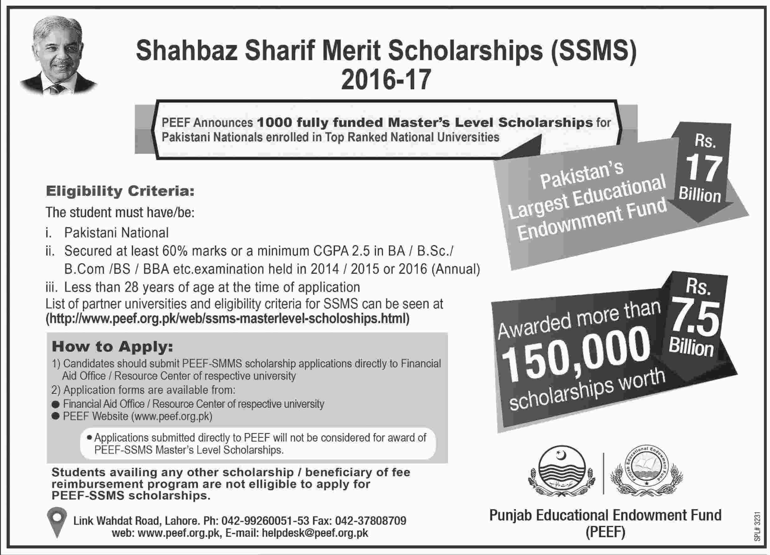 PEEF Master's Level Scholarships - Shahbaz Sharif Merit Scholarships (SSMS) 2016-17