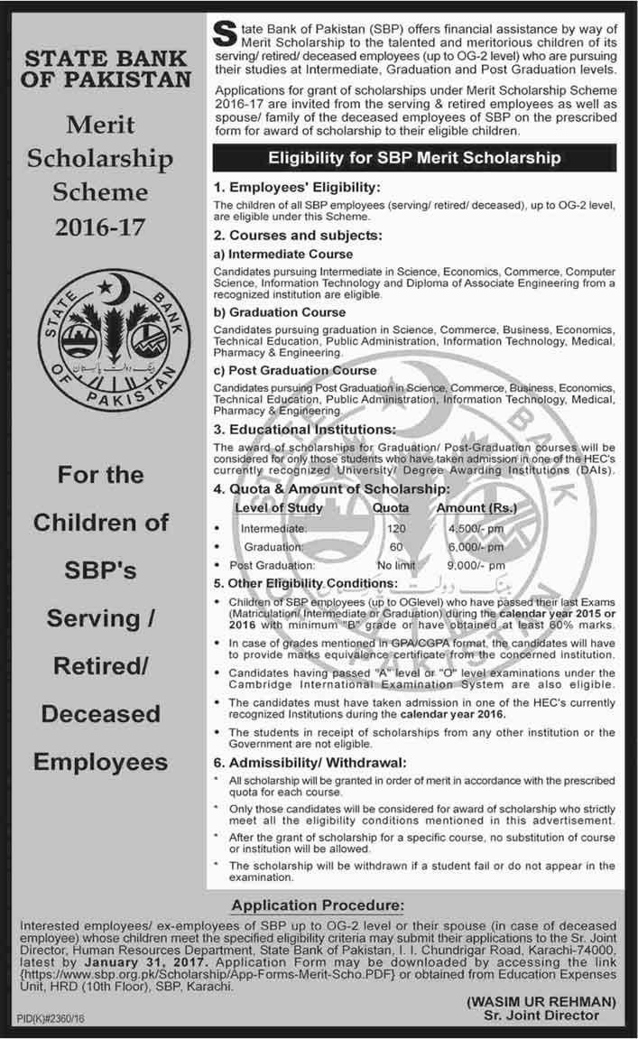 Merit Scholarship Scheme 2016-17 for the Children of Serving / Retired/ Deceased Employees of State Bank of Pakistan